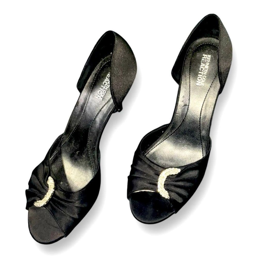 Kenneth Cole Reaction Evening Pumps Open Toe Black Satin Sz 9